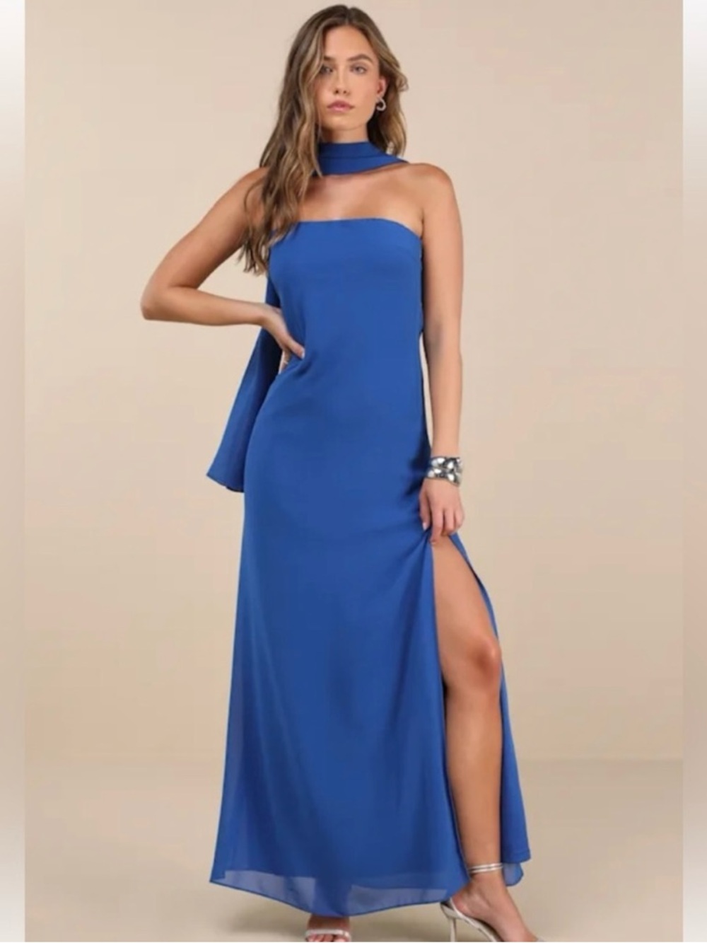 NWOT Lulus Rawya Blue Strapless
Maxi Dress and Scarf Set